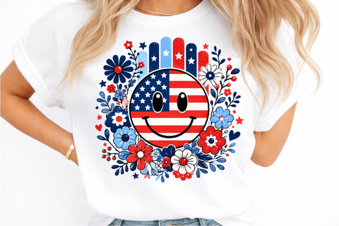 Smiley Face America Floral PNG, Patriotic Bow Ditsy Floral Sublimation designmaster24 