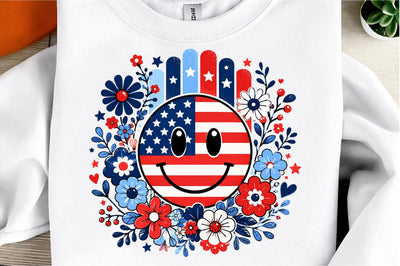 Smiley Face America Floral PNG, Patriotic Bow Ditsy Floral Sublimation designmaster24 