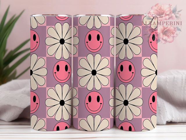 Smiley Face Retro Flowers Happy Vintage Tumbler, Retro Flowers Wrap, 20oz Tumbler Design, Vintage Floral Tumbler, Happy Face Tumbler, Retro Style Tumbler Wrap Sublimation Li Zamperini 