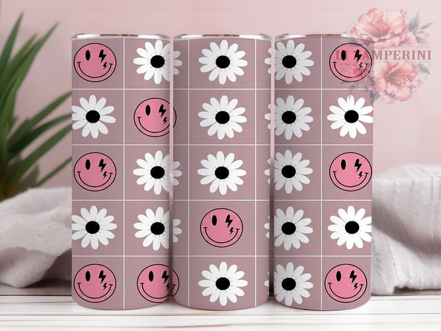 Smiley Face Retro Flowers Happy Vintage Tumbler, Retro Flowers Wrap, 20oz Tumbler Design, Vintage Floral Tumbler, Happy Face Tumbler, Retro Style Tumbler Wrap Sublimation Li Zamperini 