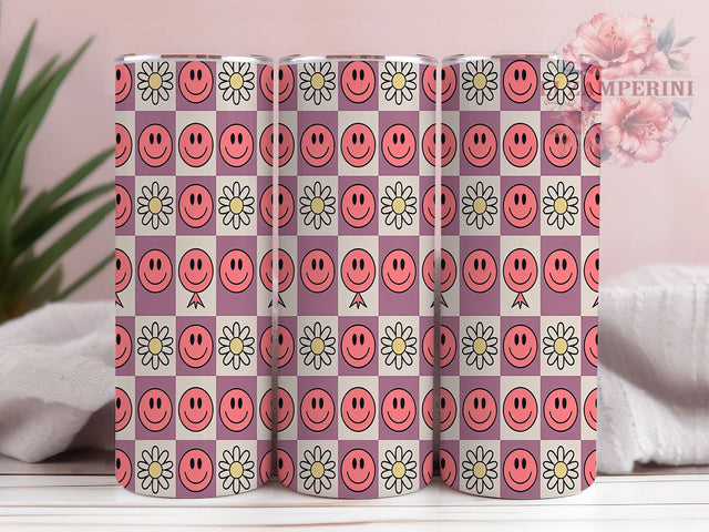 Smiley Face Retro Flowers Happy Vintage Tumbler, Retro Flowers Wrap, 20oz Tumbler Design, Vintage Floral Tumbler, Happy Face Tumbler, Retro Style Tumbler Wrap Sublimation Li Zamperini 