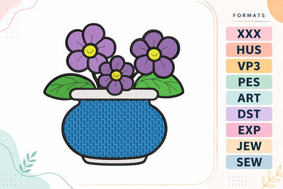 Smiley Purple Flowers Blue Pot Embroidery Design Embroidery/Applique DESIGNS sg embroidery 