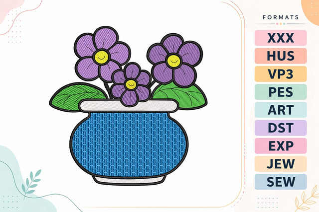Smiley Purple Flowers Blue Pot Embroidery Design Embroidery/Applique DESIGNS sg embroidery 