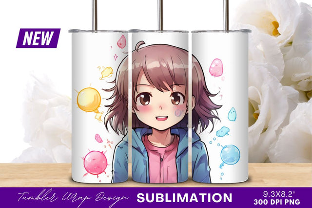 Smiling anime girl with colorful orbs tumbler png Sublimation Regulrcrative 