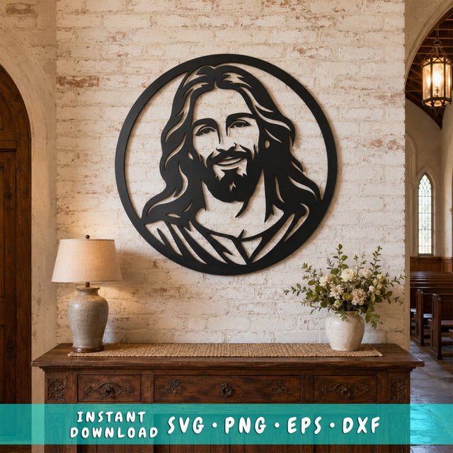 Smiling Jesus Face Laser SVG | Christian Metal Wall Art DXF | Religious Laser Cut File | CNC Plasma Cutting Design | Faith Home Decor SVG HappyDesignStudio 