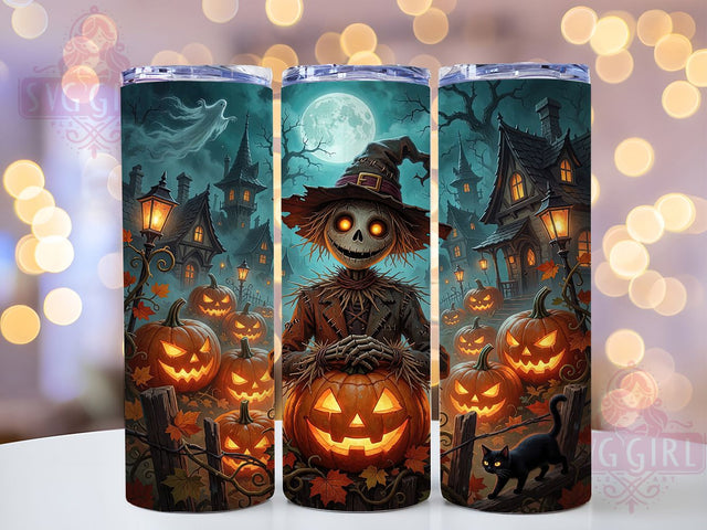 Smiling Scarecrow Pumpkin Moon 20oz Tumbler, Smiling Scarecrow Motif, Pumpkin Design, Moonlit Scene, Halloween Theme, Spooky Accent, Sublimation Wrap, 20oz Tumbler Sublimation SvggirlplusArt 