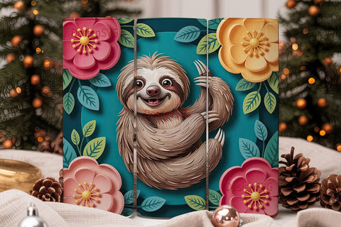 Smiling Sloth & 3D Flowers 20oz Tumbler Sublimation DesignSVG 