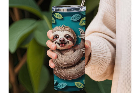 Smiling Sloth & 3D Flowers 20oz Tumbler Sublimation DesignSVG 