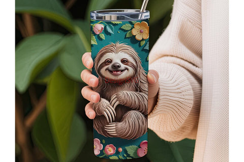 Smiling Sloth & 3D Flowers 20oz Tumbler Sublimation DesignSVG 
