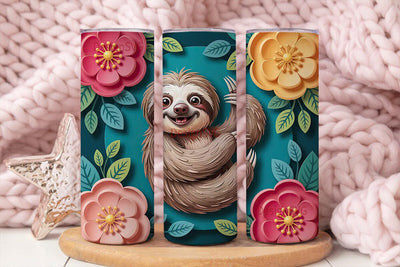 Smiling Sloth & 3D Flowers 20oz Tumbler Sublimation DesignSVG 