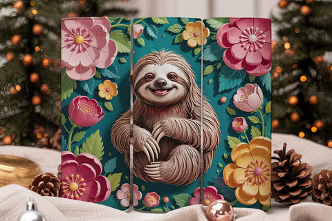Smiling Sloth & 3D Flowers 20oz Tumbler Sublimation DesignSVG 