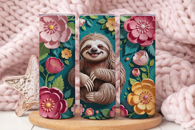Smiling Sloth & 3D Flowers 20oz Tumbler Sublimation DesignSVG 
