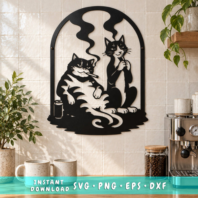 Smoking Cats Laser SVG | Funny Cat DXF | Cool Cats Metal Art | Retro Cat Wall Decor | CNC Plasma Cut File | Cat Lover Svg SVG HappyDesignStudio 