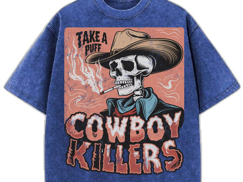 Smoking Skeleton Cowboy Killers Shirt, Funny Skull Graphic T-Shirt, Vintage Western Grunge Shirt SVG DesignDestine 