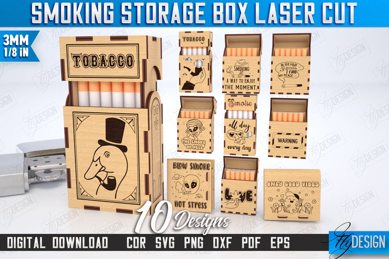 Smoking Storage Box Laser Cut Bundle | Cigarette Box | Tobacco Box | Smoke Accessory | CNC Files SVG Fly Design 