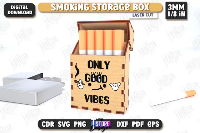 Smoking Storage Box Laser Cut | Cigarette Box | Tobacco Box | Smoke Accessory | CNC File SVG The T Store Design 