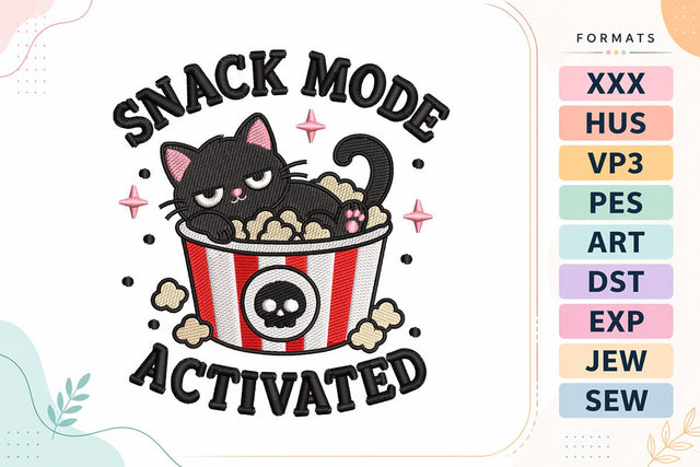 Snack Mode Activated Cat Embroidery Design | Black Cat Popcorn Embroidery/Applique DESIGNS sg embroidery 