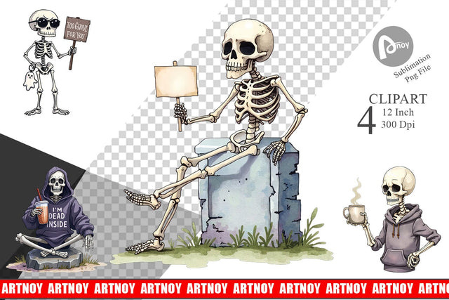 Snarky Skeleton Clipart Sublimation artnoy 