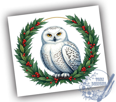 Snow Owl Tumbler Wrap, Christmas Owl Design, 20oz Skinny Tumbler, Winter Sublimation PNG, Holiday Drinkware, White Owl Wreath, Festive Tumbler Design Sublimation ToriDesigns 