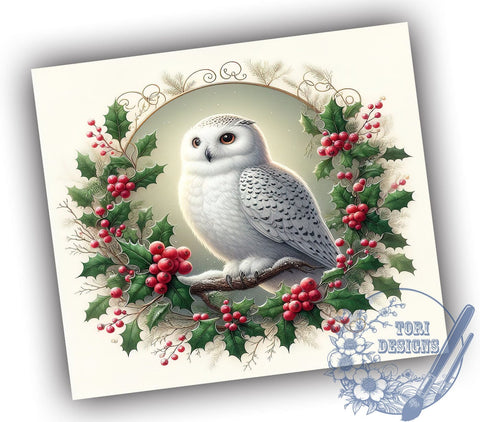 Snow Owl Tumbler Wrap, Christmas Owl Design, 20oz Skinny Tumbler, Winter Sublimation PNG, Holiday Drinkware, White Owl Wreath, Festive Tumbler Design Sublimation ToriDesigns 
