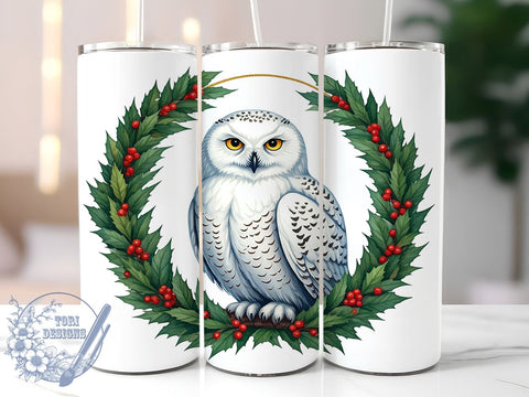 Snow Owl Tumbler Wrap, Christmas Owl Design, 20oz Skinny Tumbler, Winter Sublimation PNG, Holiday Drinkware, White Owl Wreath, Festive Tumbler Design Sublimation ToriDesigns 