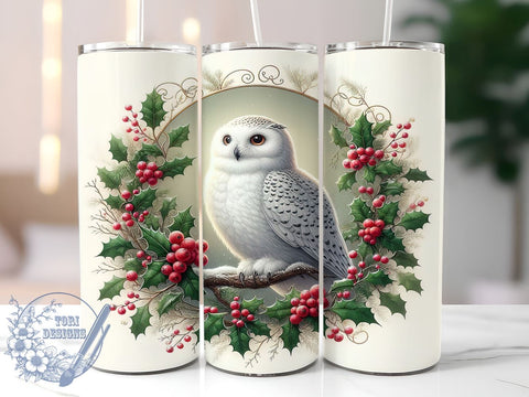 Snow Owl Tumbler Wrap, Christmas Owl Design, 20oz Skinny Tumbler, Winter Sublimation PNG, Holiday Drinkware, White Owl Wreath, Festive Tumbler Design Sublimation ToriDesigns 