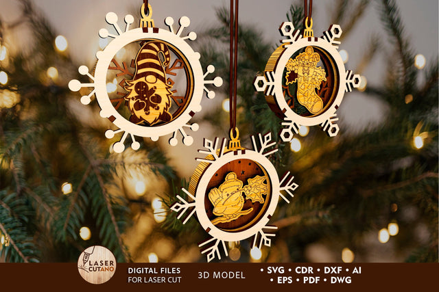 Snowflake Christmas Ornaments Laser Cut Files SVG LaserCutano 
