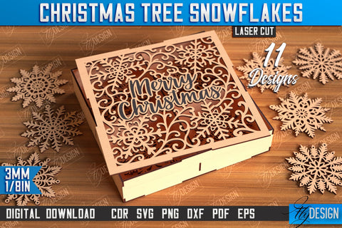 Snowflake Christmas Tree Ornament with Gift Box Laser Cut Bundle, Christmas Ornaments SVG, Wooden Snowflakes, Christmas Tree Decorations SVG Fly Design 