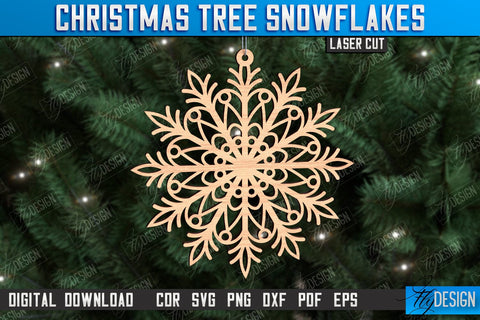 Snowflake Christmas Tree Ornament with Gift Box Laser Cut Bundle, Christmas Ornaments SVG, Wooden Snowflakes, Christmas Tree Decorations SVG Fly Design 