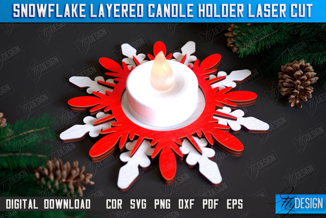 Snowflake Layered Candle Holder Laser Cut, Christmas Decor, Christmas Snowflake Candlestick, Christmas Ornament SVG, Wooden Snowflakes, Christmas Tea Light Holder SVG Fly Design 