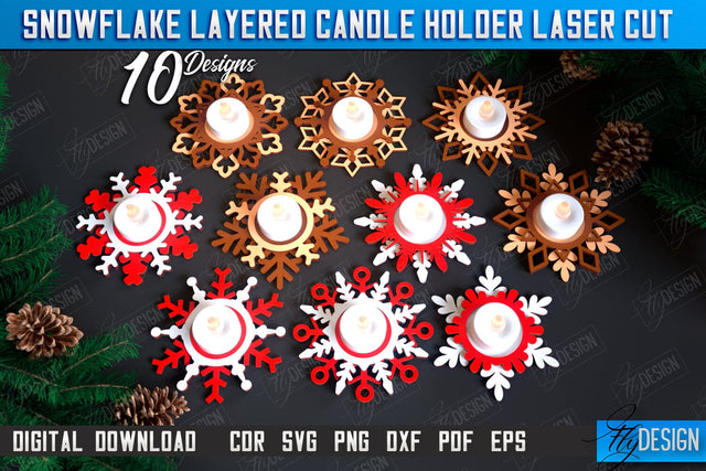 Snowflake Layered Christmas Candle Holders Laser Cut Bundle, Christmas Snowflake Candlestick, Christmas Ornament SVG, Wooden Snowflakes, Christmas Tea Light Holders SVG Fly Design 