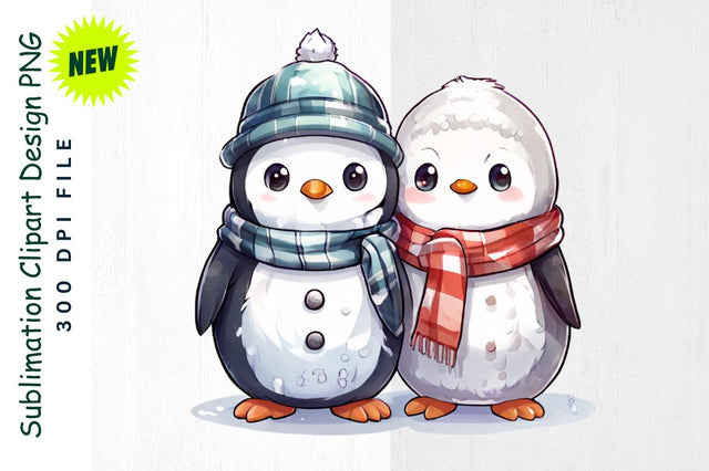 Snowman And Penguin Friends in Holiday Scarves Tree Sublimation Clipart Sublimation Regulrcrative 