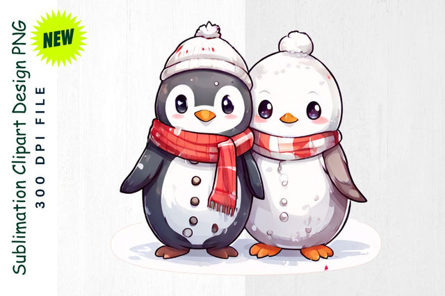 Snowman And Penguin Friends in Holiday Scarves Tree Sublimation Clipart Sublimation Regulrcrative 