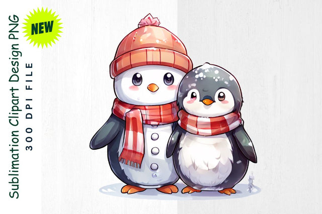 Snowman And Penguin Friends in Holiday Scarves Tree Sublimation Clipart Sublimation Regulrcrative 