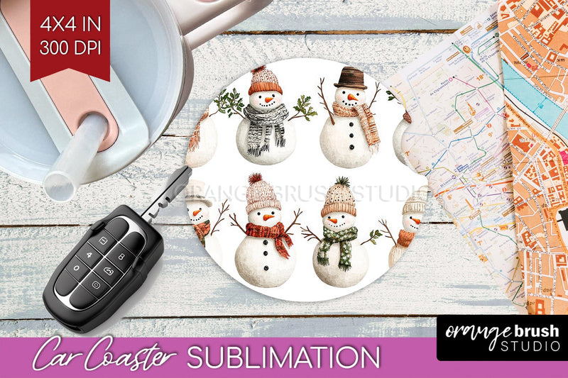 Snowman Car Coaster - Cute Christmas Coaster PNG Sublimation Sublimation OrangeBrushStudio 