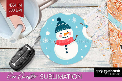Snowman Car Coaster - Cute Christmas Coaster PNG Sublimation Sublimation OrangeBrushStudio 