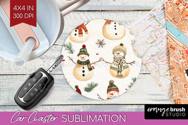 Snowman Car Coaster - Cute Christmas Coaster PNG Sublimation Sublimation OrangeBrushStudio 