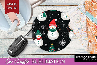 Snowman Car Coaster - Cute Christmas Coaster PNG Sublimation Sublimation OrangeBrushStudio 