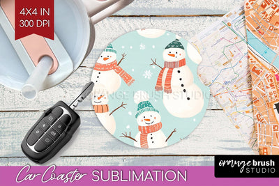 Snowman Car Coaster - Cute Christmas Coaster PNG Sublimation Sublimation OrangeBrushStudio 