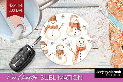 Snowman Car Coaster - Cute Christmas Coaster PNG Sublimation Sublimation OrangeBrushStudio 