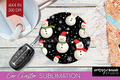 Snowman Car Coaster - Cute Christmas Coaster PNG Sublimation Sublimation OrangeBrushStudio 