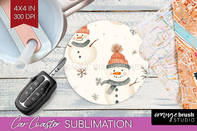 Snowman Car Coaster - Cute Christmas Coaster PNG Sublimation Sublimation OrangeBrushStudio 