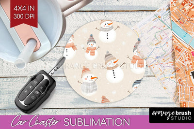 Snowman Car Coaster - Cute Christmas Coaster PNG Sublimation Sublimation OrangeBrushStudio 