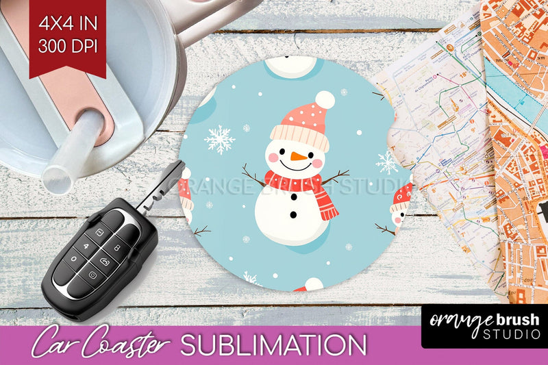 Snowman Car Coaster - Cute Christmas Coaster PNG Sublimation Sublimation OrangeBrushStudio 