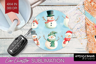 Snowman Car Coaster - Cute Christmas Coaster PNG Sublimation Sublimation OrangeBrushStudio 