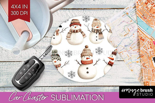 Snowman Car Coaster - Cute Christmas Coaster PNG Sublimation Sublimation OrangeBrushStudio 