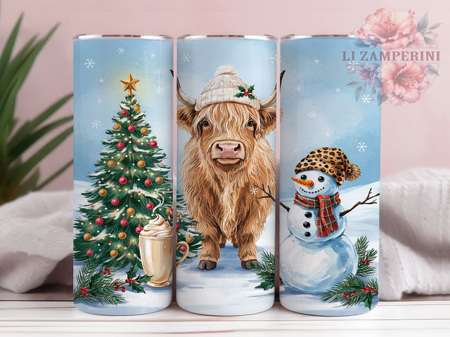 Snowman Cow Beanie 20oz Tumbler, Snowman Cow, Winter Beanie, Festive Design, Whimsical Charm, Holiday Motif, Skinny Tumbler, Sublimation PNG Sublimation Li Zamperini 