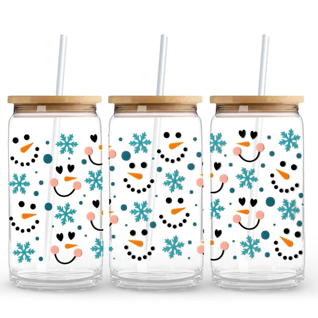 Snowman Faces & Blue Snowflakes 9.7 x 4.3 UV DTF Wrap Only (Cup NOT Included) Physical DIY Craft Warehouse 