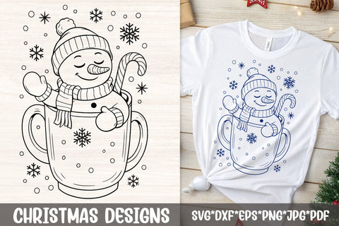 Snowman In Mug SVG | Candy Cane Cocoa Cup Christmas Line Art SVG Tafti Art 