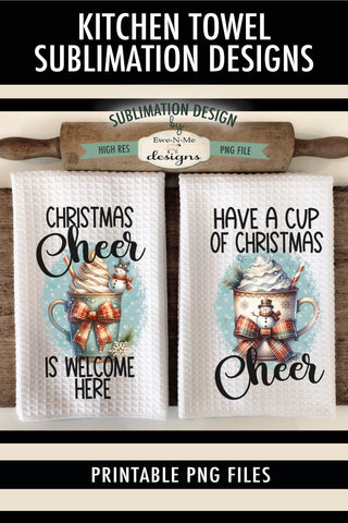 Snowman Mugs Christmas Cheer Kitchen Towel Sublimation PNG Sublimation Ewe-N-Me Designs 